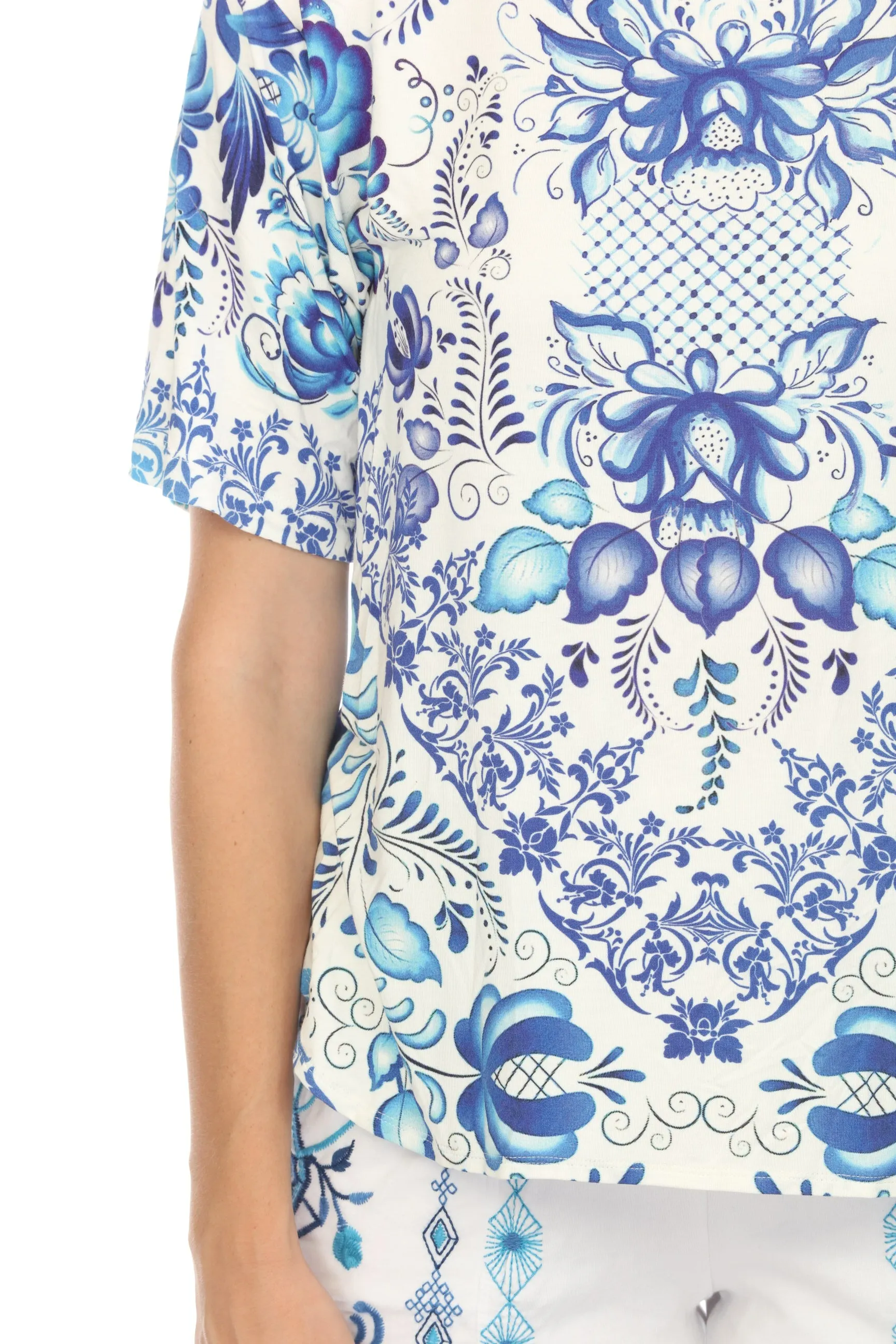 Johnny Was White Blue Farrow Oversized Cropped Tee Boho Chic T11523