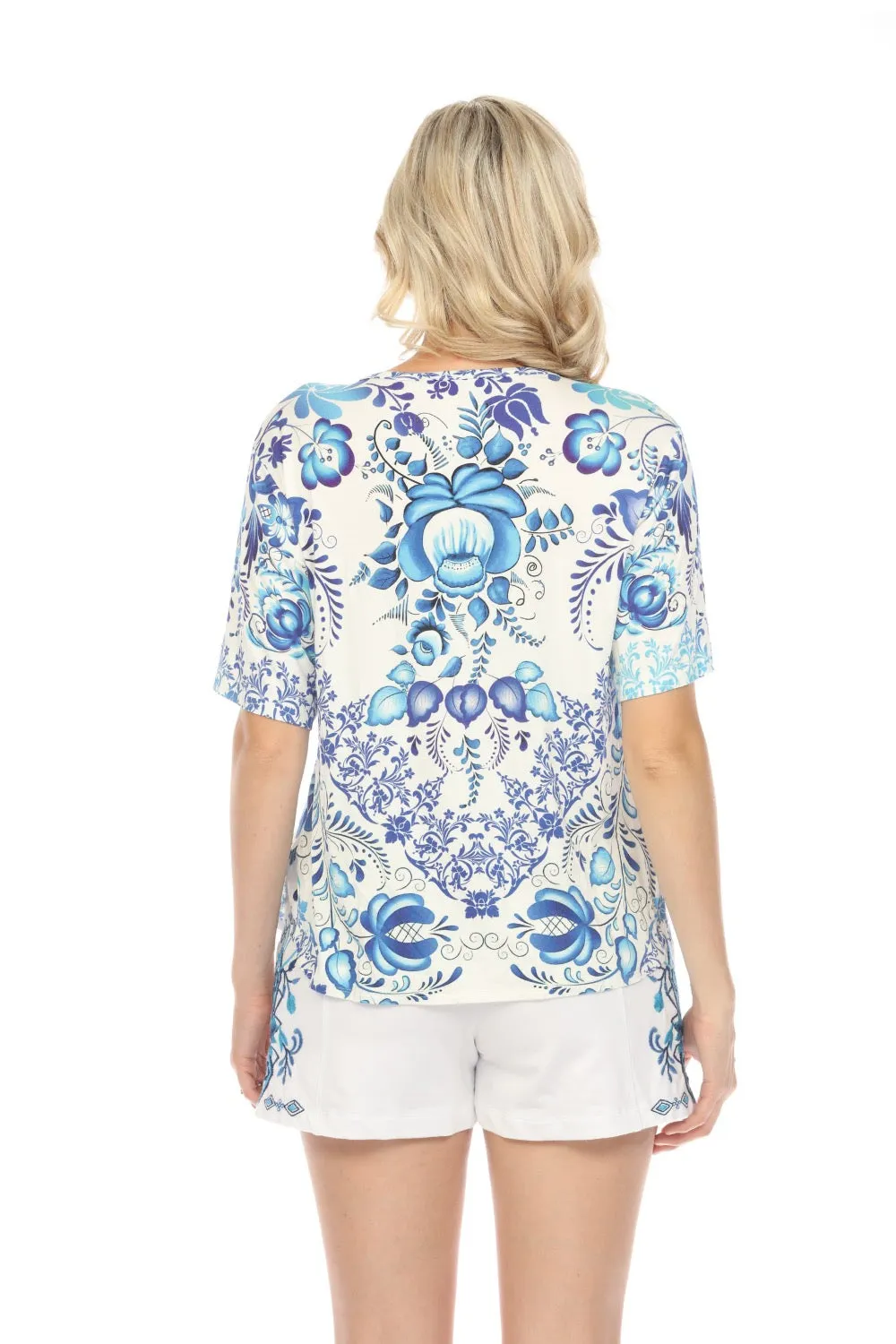 Johnny Was White Blue Farrow Oversized Cropped Tee Boho Chic T11523