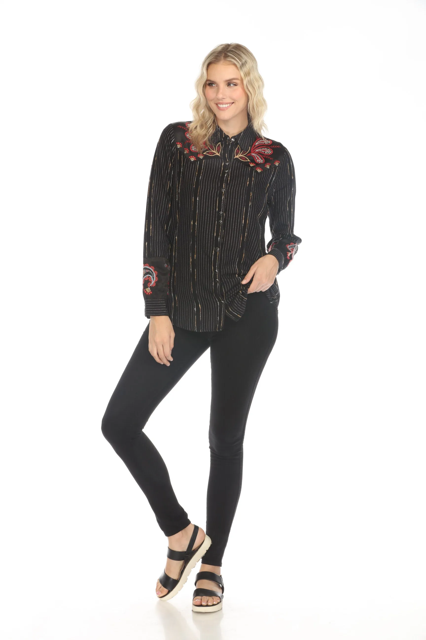 Johnny Was Workshop Black Sezana Puff Sleeve Western Shirt W16524