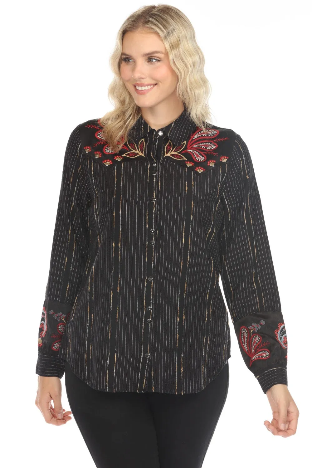 Johnny Was Workshop Black Sezana Puff Sleeve Western Shirt W16524