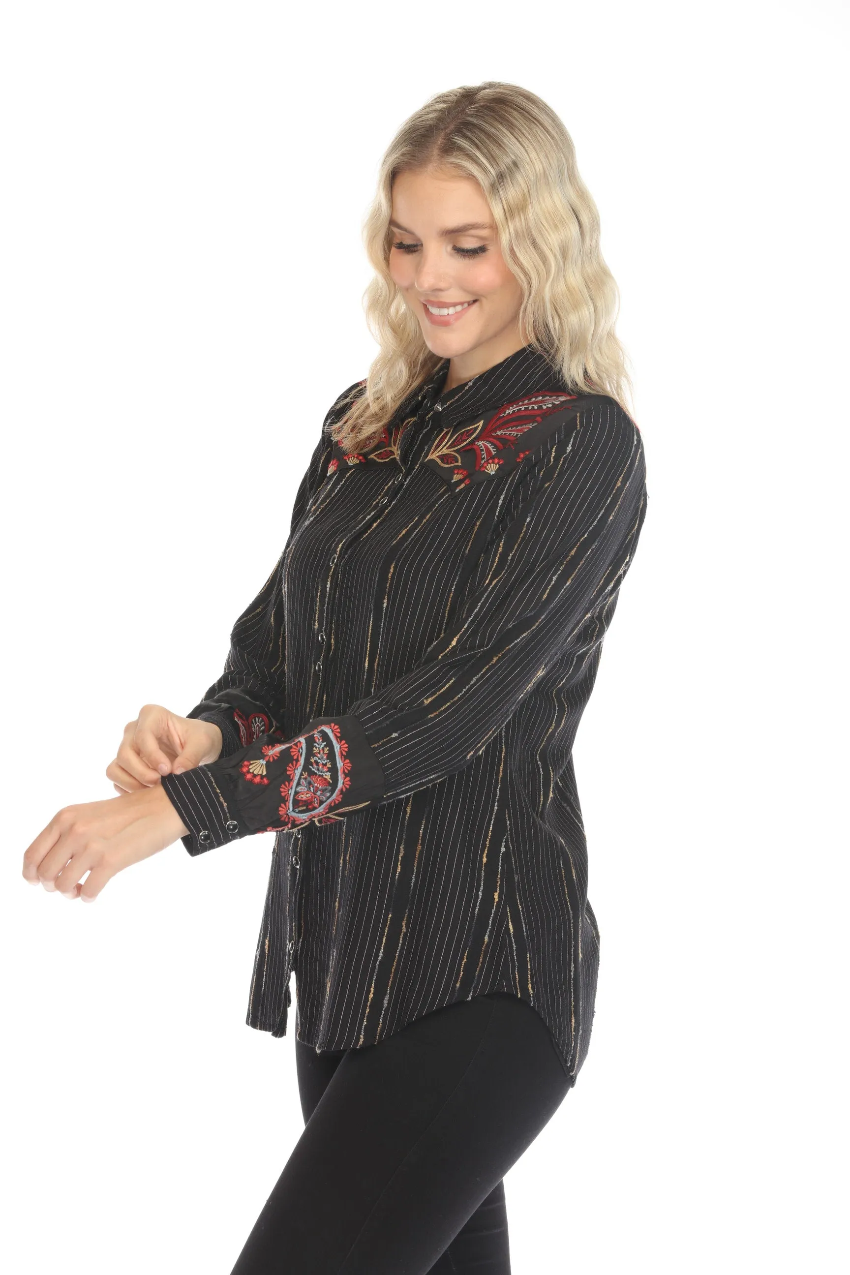 Johnny Was Workshop Black Sezana Puff Sleeve Western Shirt W16524
