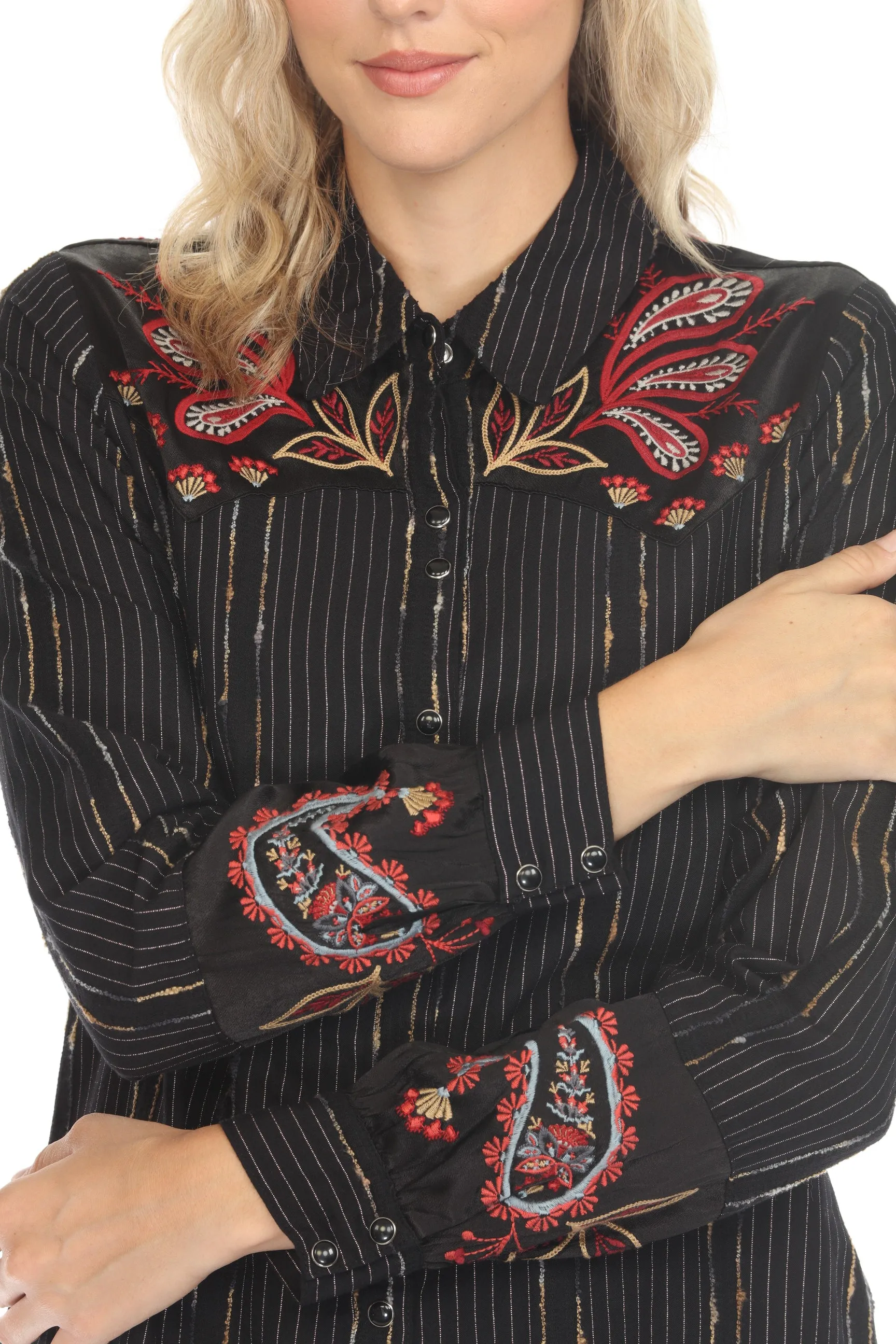 Johnny Was Workshop Black Sezana Puff Sleeve Western Shirt W16524
