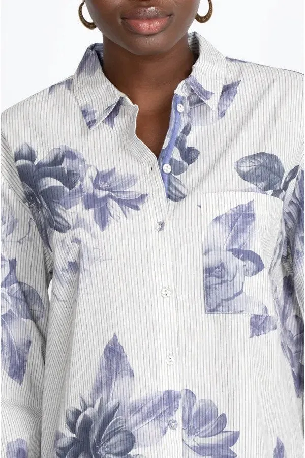 Johnny Was Workshop Blue Delaney Button Sleeve Top Boho Chic W13322