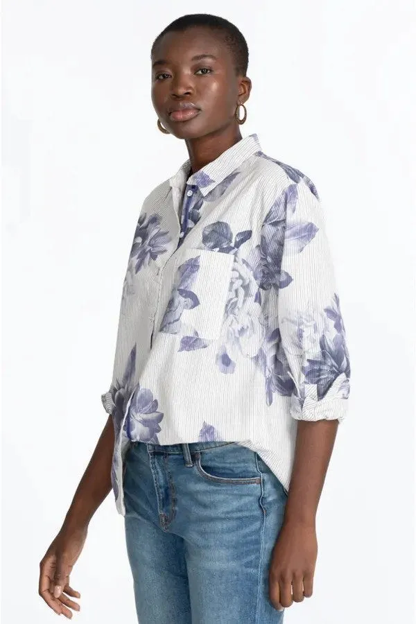 Johnny Was Workshop Blue Delaney Button Sleeve Top Boho Chic W13322