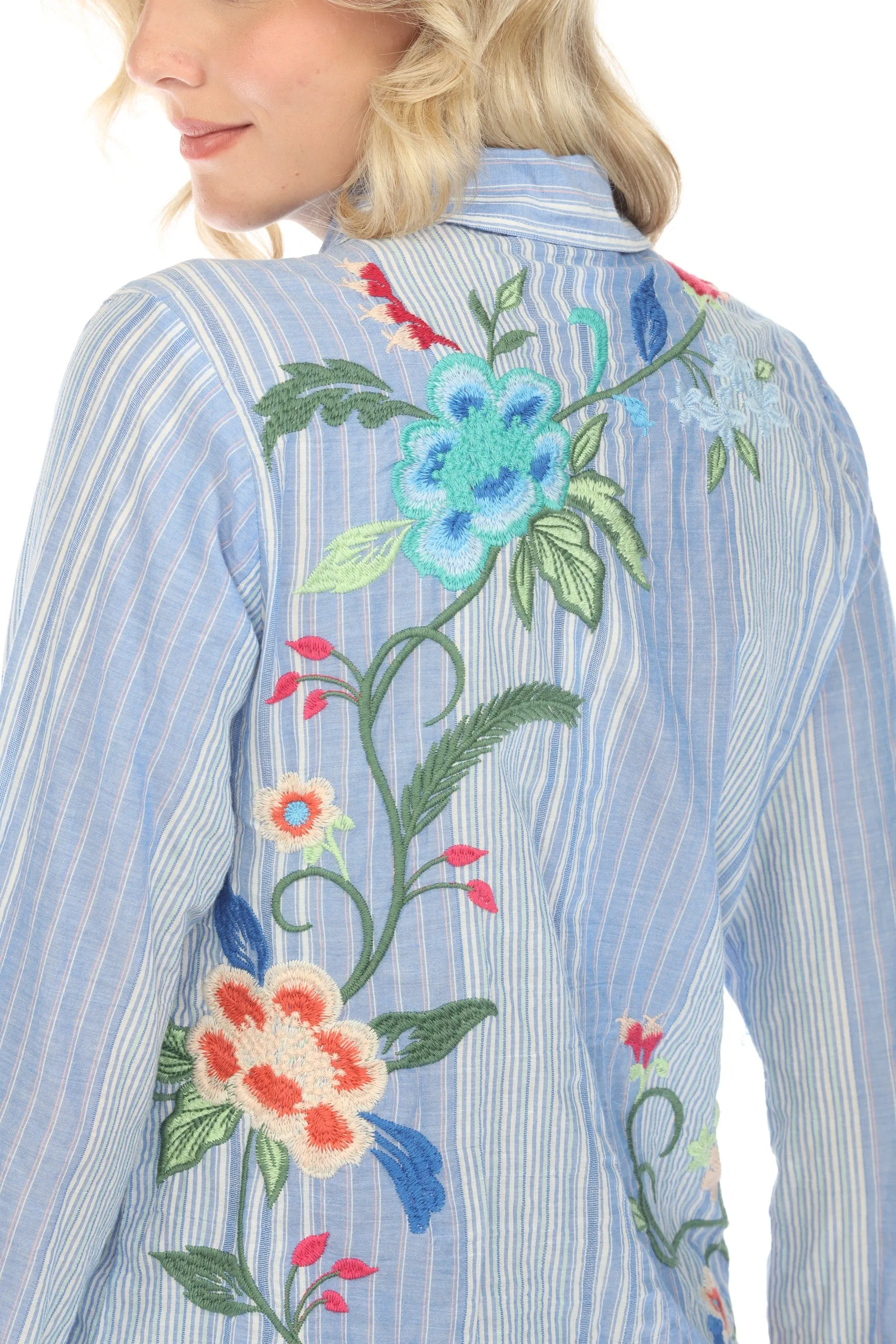 Johnny Was Workshop Madaleina Double Button Stripe Shirt Boho Chic W19824