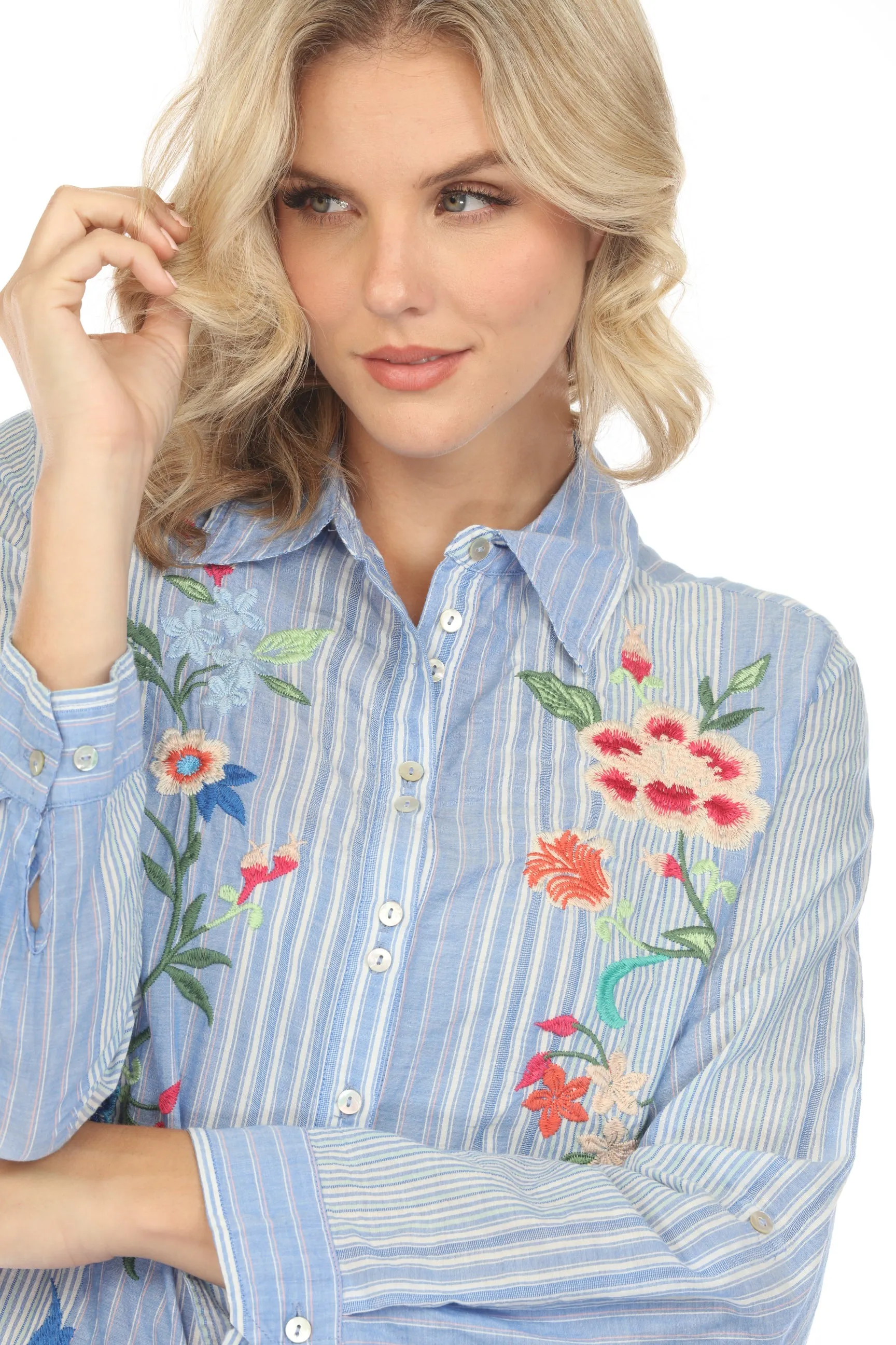 Johnny Was Workshop Madaleina Double Button Stripe Shirt Boho Chic W19824