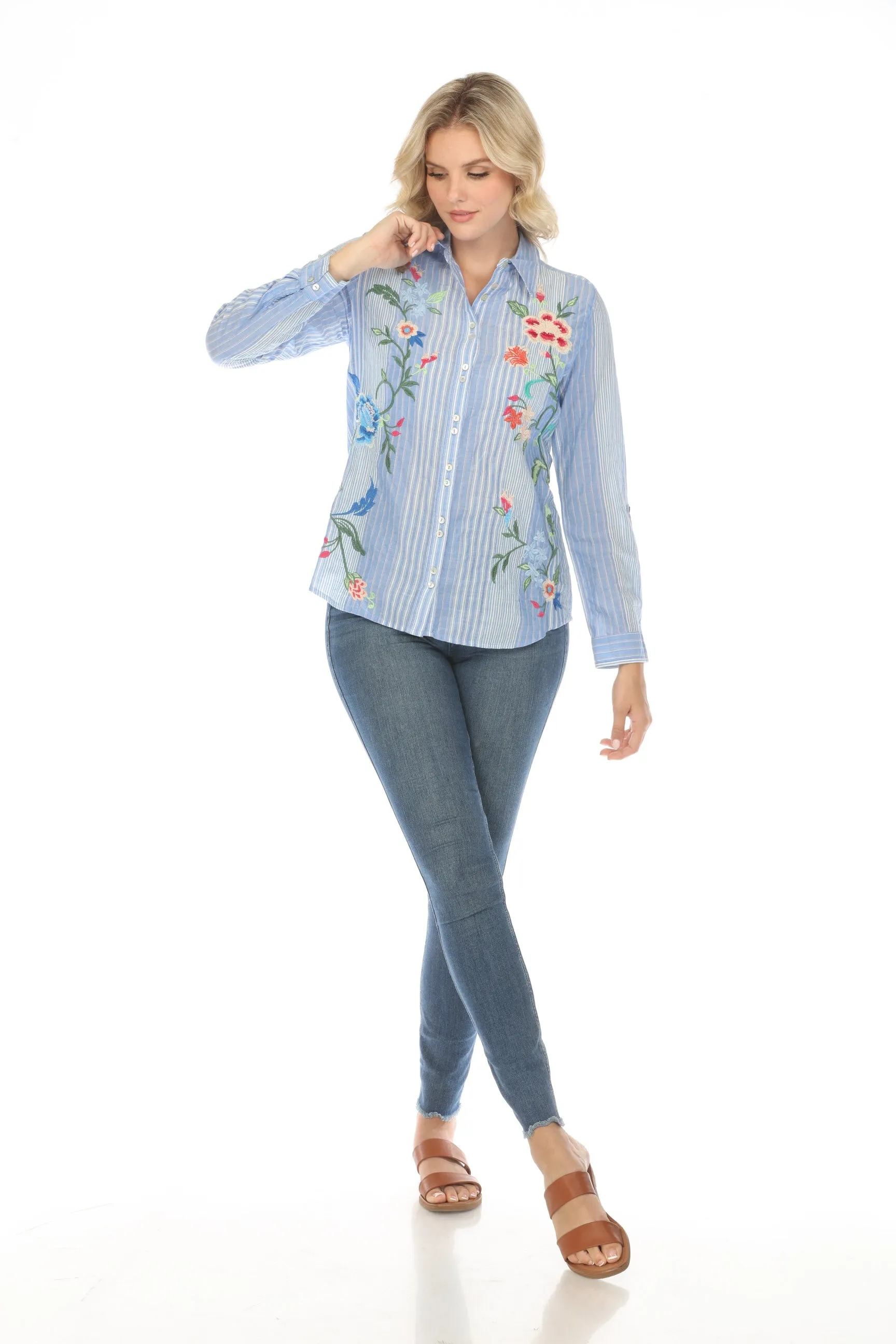 Johnny Was Workshop Madaleina Double Button Stripe Shirt Boho Chic W19824