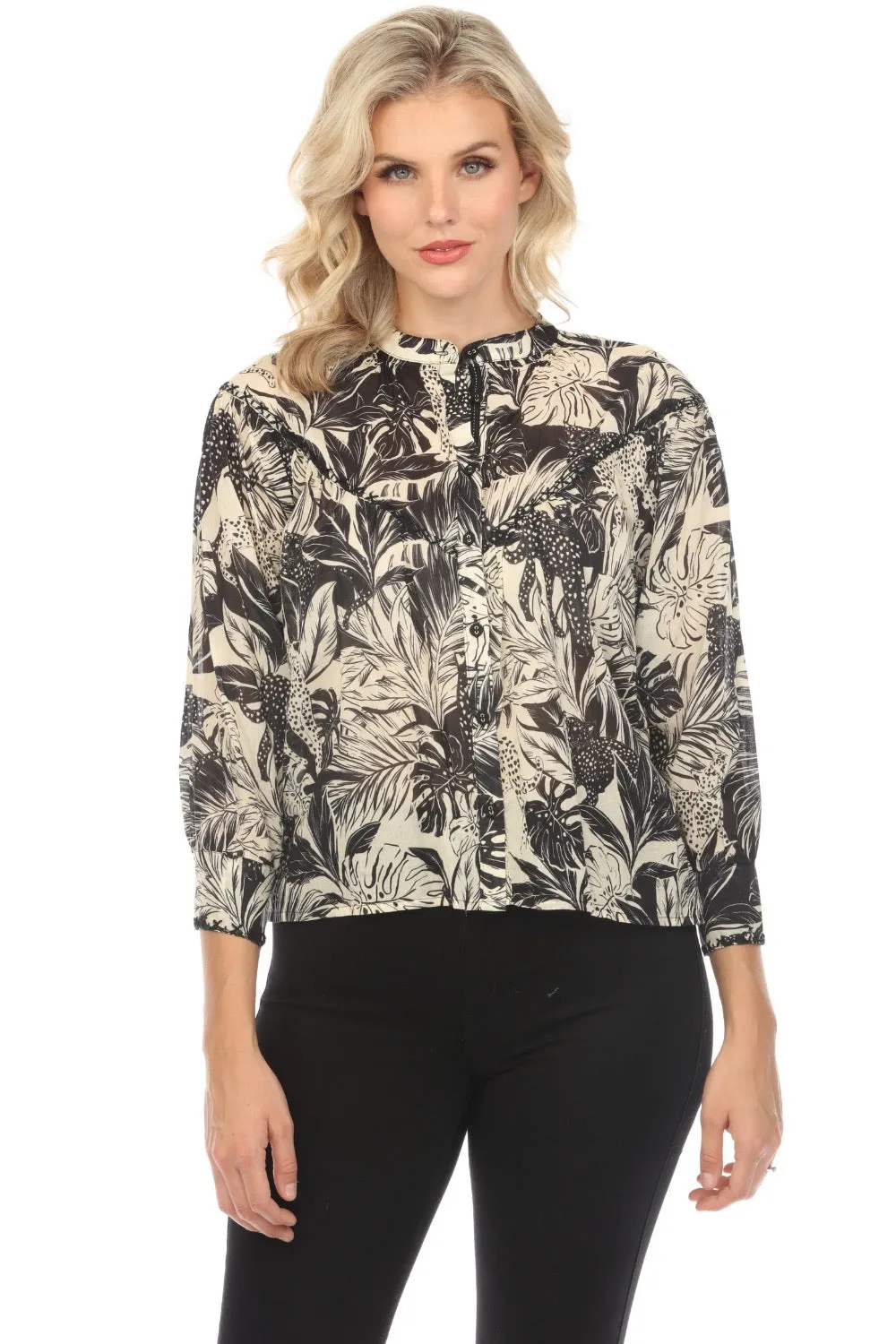 Johnny Was Workshop Raglan Yoke 3/4 Sleeve Blouse Boho Chic W11624