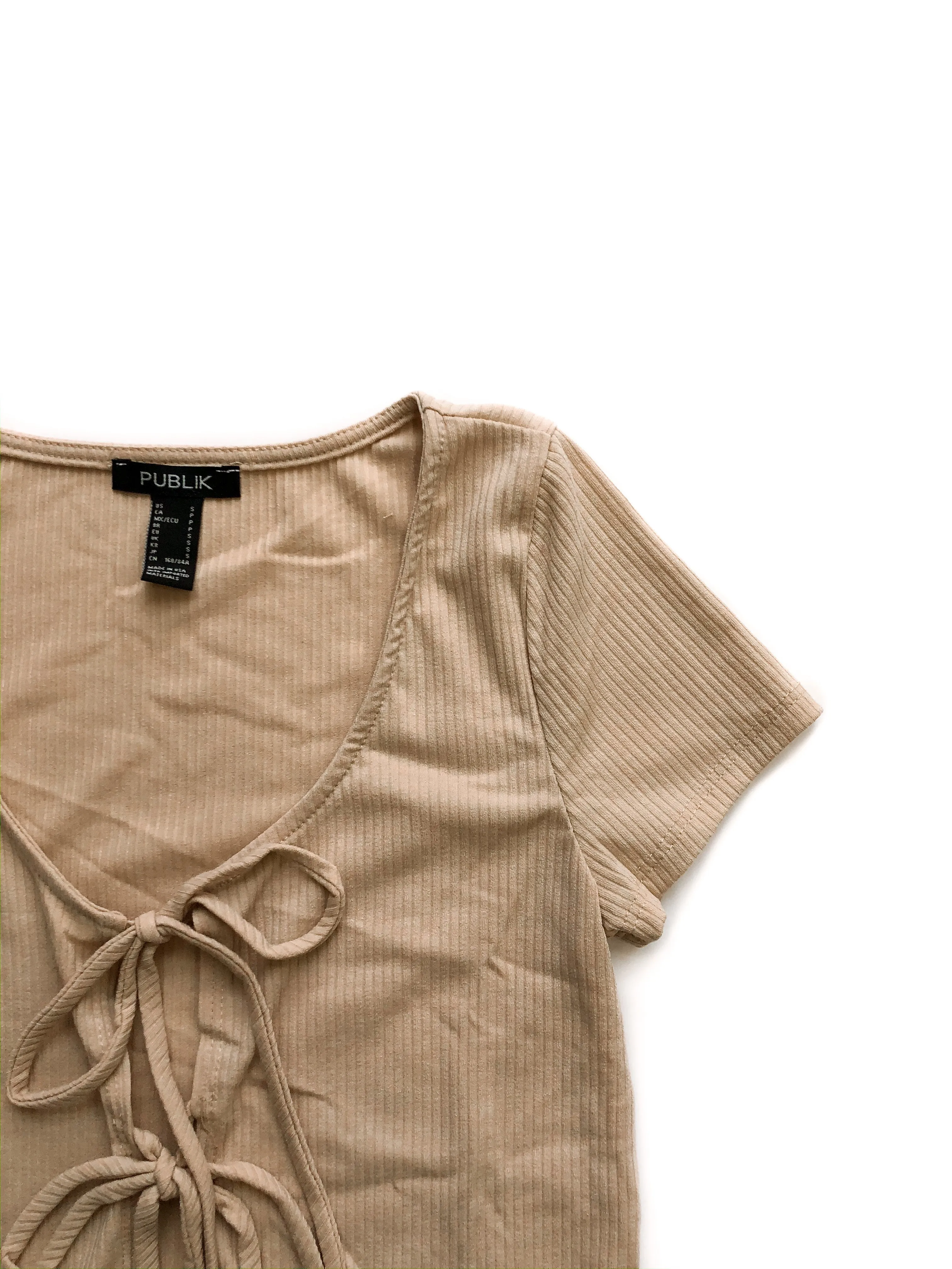 Julie Ribbed Front Ties Top - Beige