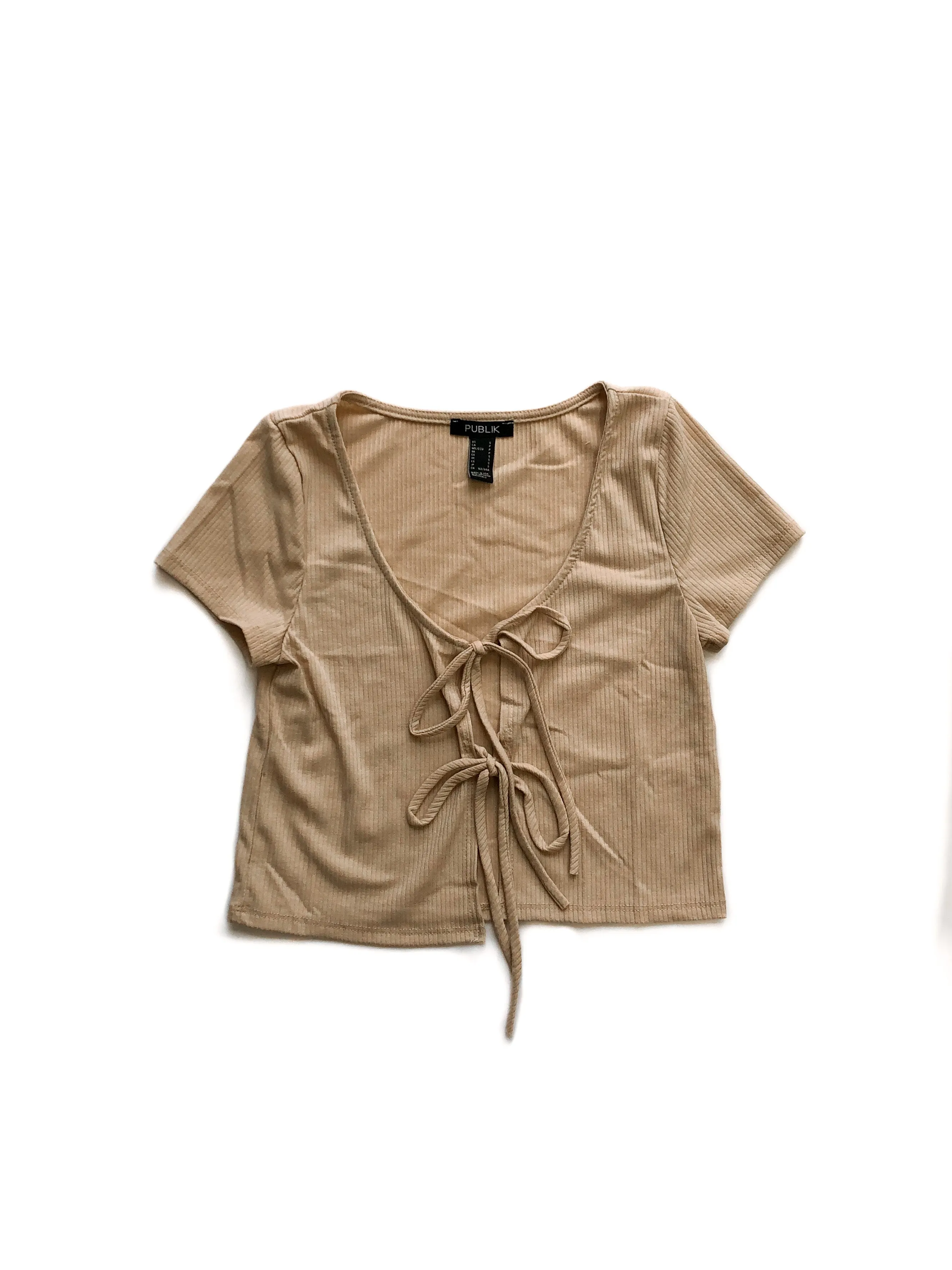 Julie Ribbed Front Ties Top - Beige