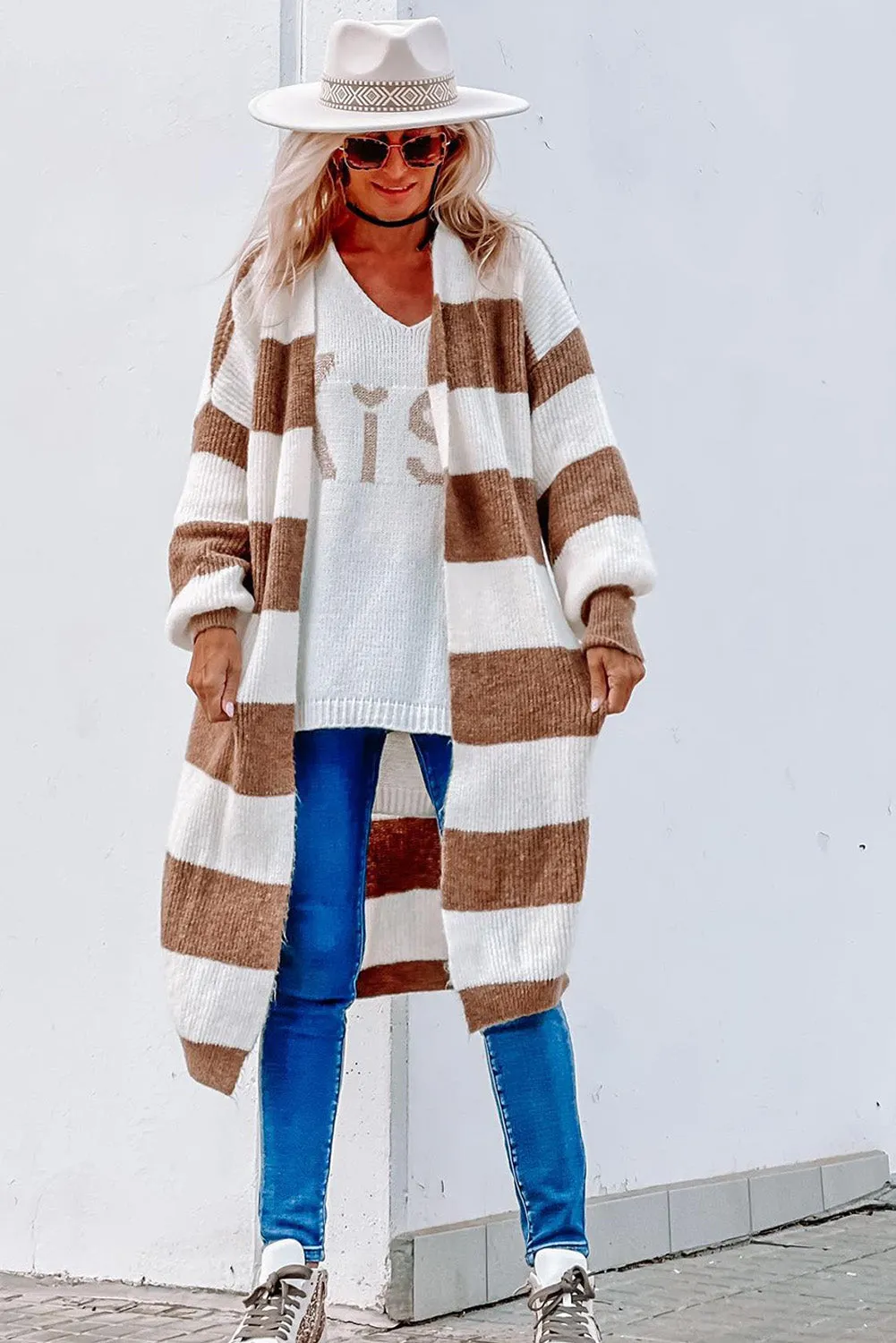 Khaki Colorblock Bubble Sleeve Long Cardigan