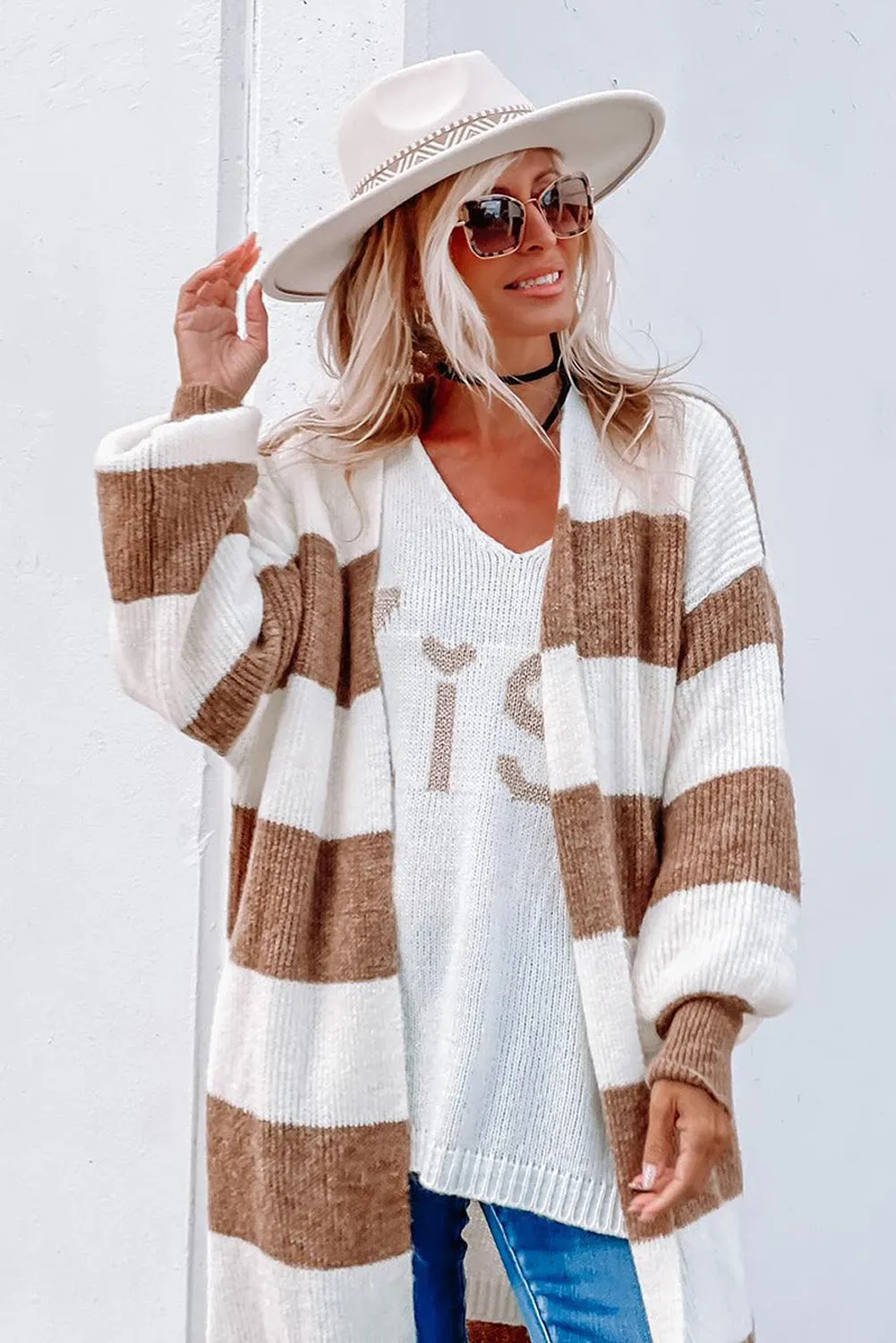 Khaki Colorblock Bubble Sleeve Long Cardigan