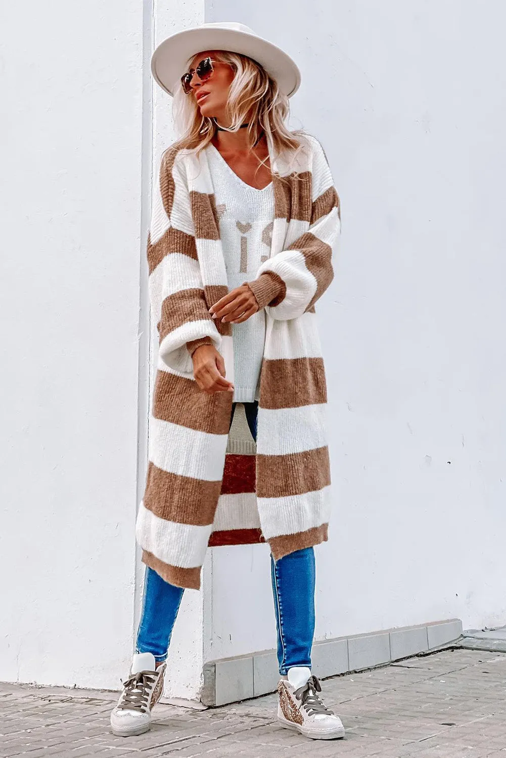 Khaki Colorblock Bubble Sleeve Long Cardigan