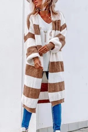 Khaki Colorblock Bubble Sleeve Long Cardigan