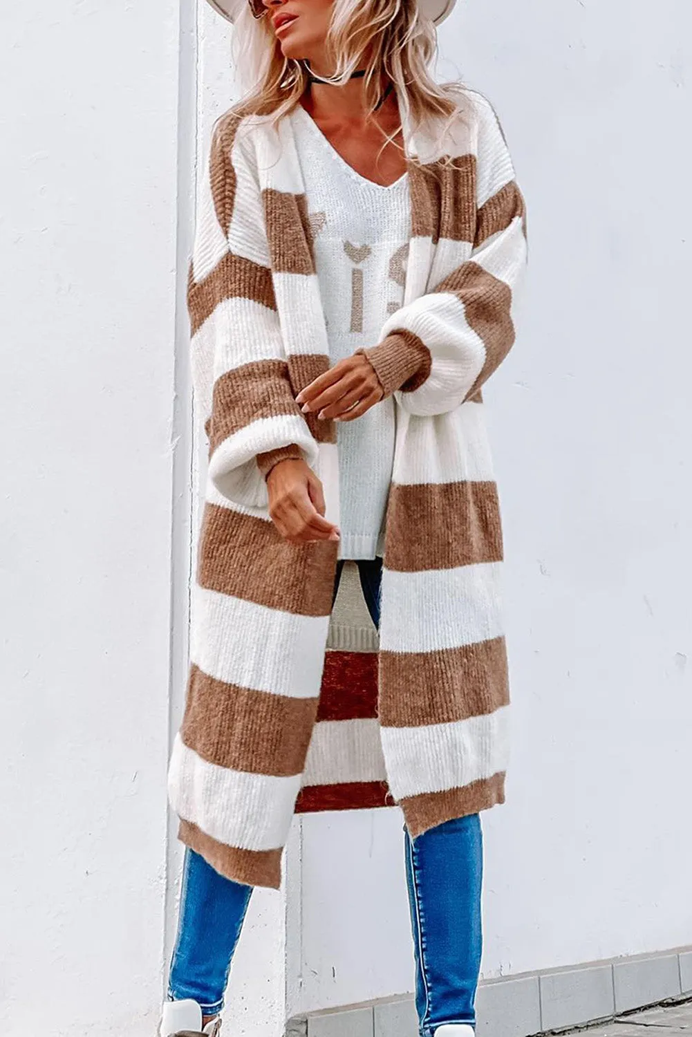 Khaki Colorblock Bubble Sleeve Long Cardigan