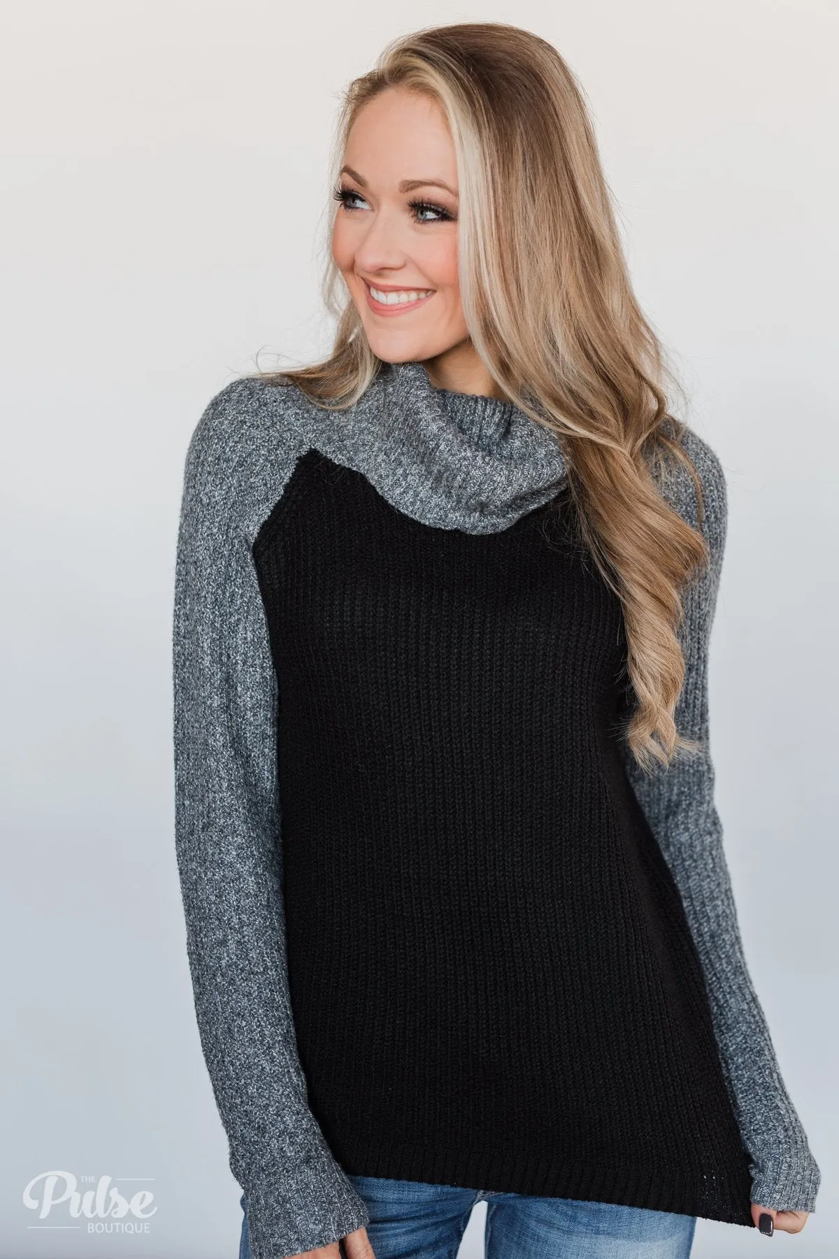 Knit Cowl Neck Top- Black & Charcoal