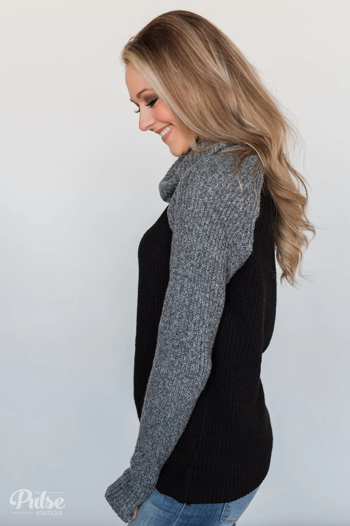 Knit Cowl Neck Top- Black & Charcoal