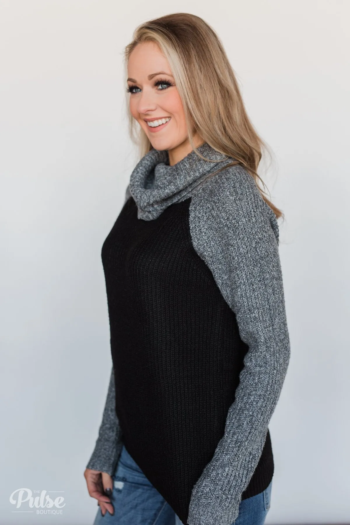 Knit Cowl Neck Top- Black & Charcoal