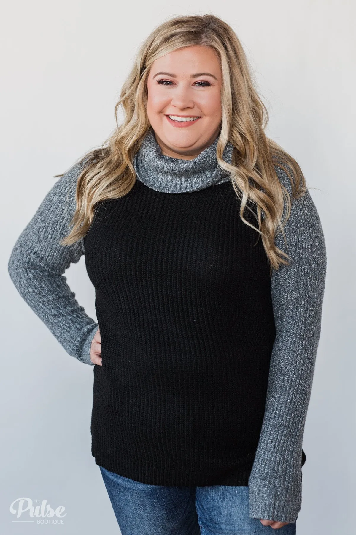 Knit Cowl Neck Top- Black & Charcoal