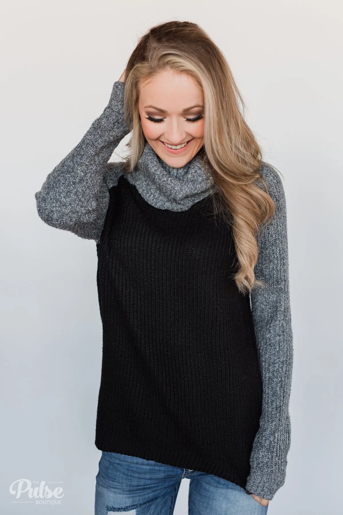 Knit Cowl Neck Top- Black & Charcoal