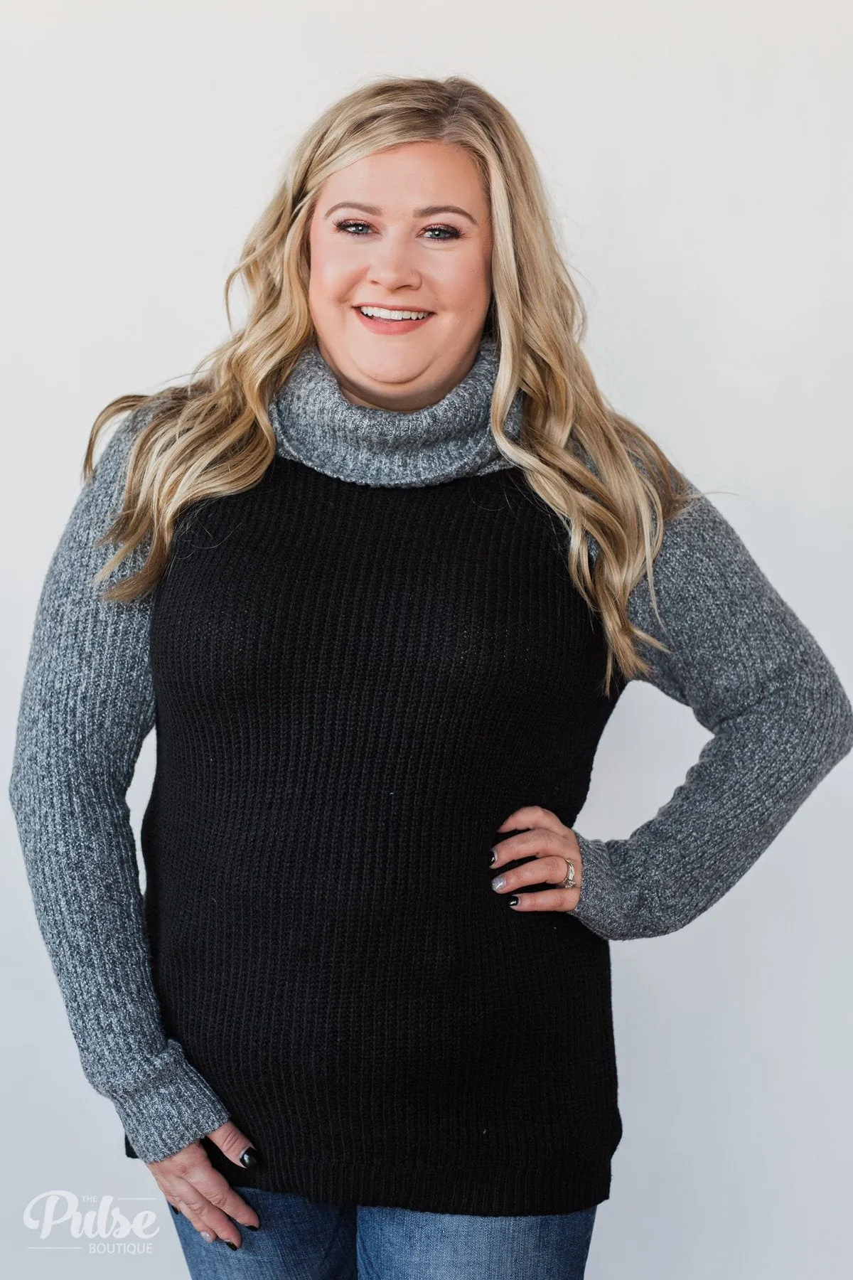Knit Cowl Neck Top- Black & Charcoal