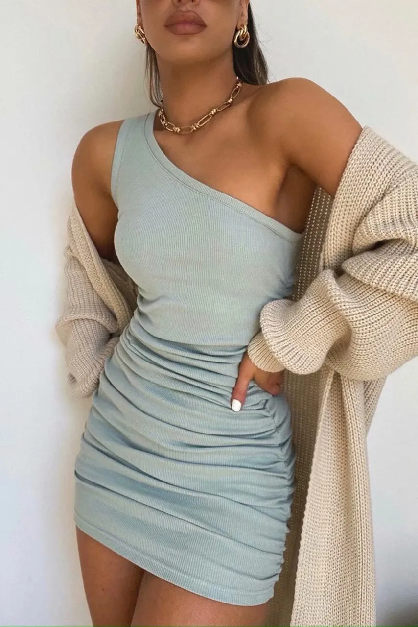 Knit One Shoulder Sweater Mini Dresses
