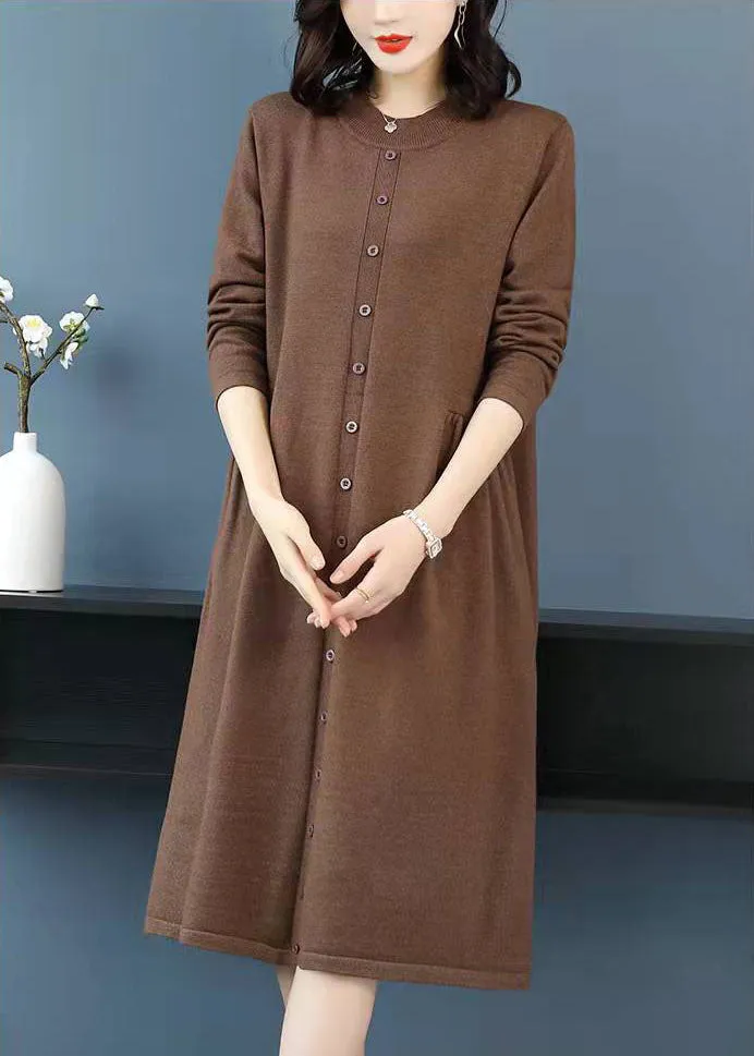Knitted chocolate Sweater weather Largo high neck Button DIY knitted dress
