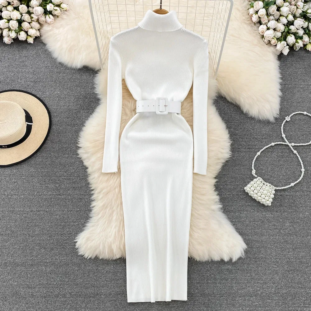 Knitted Turtleneck Sweater Bodycon Dress with Belt