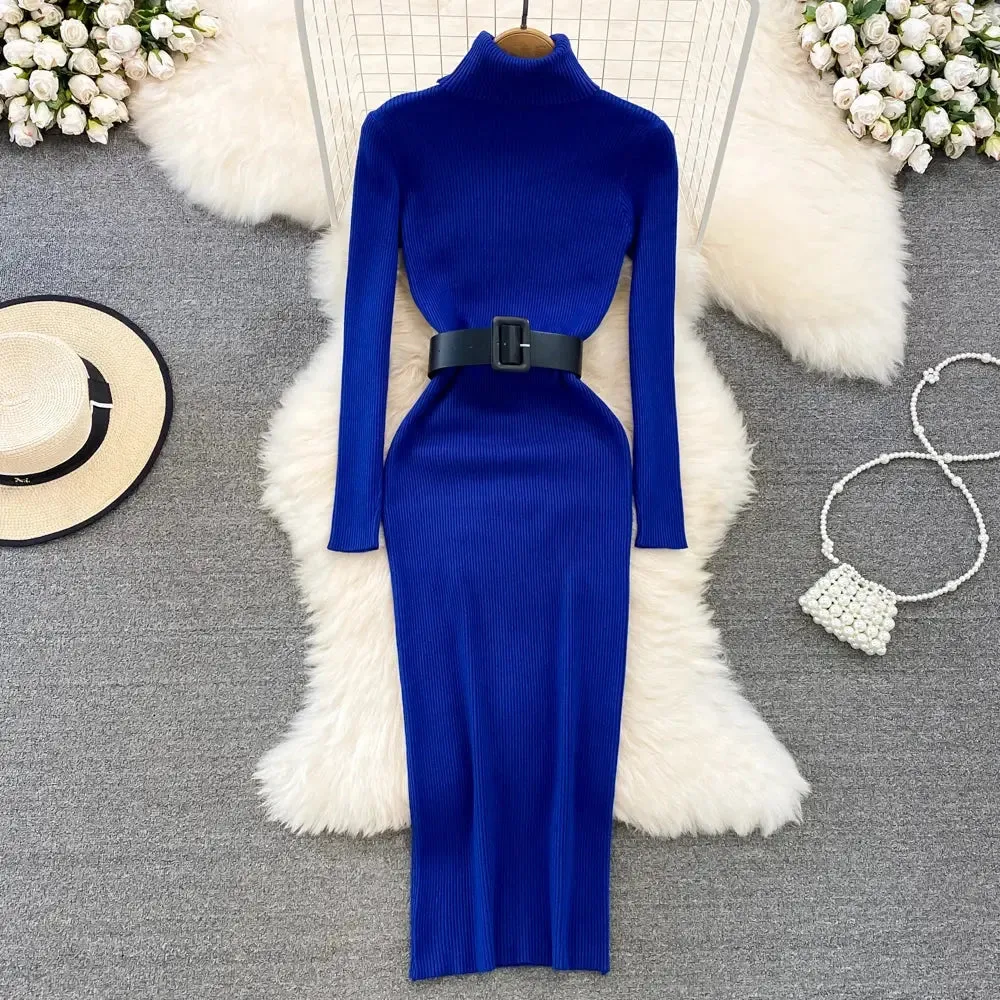 Knitted Turtleneck Sweater Bodycon Dress with Belt