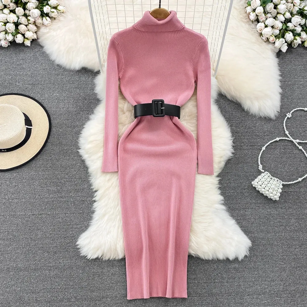 Knitted Turtleneck Sweater Bodycon Dress with Belt