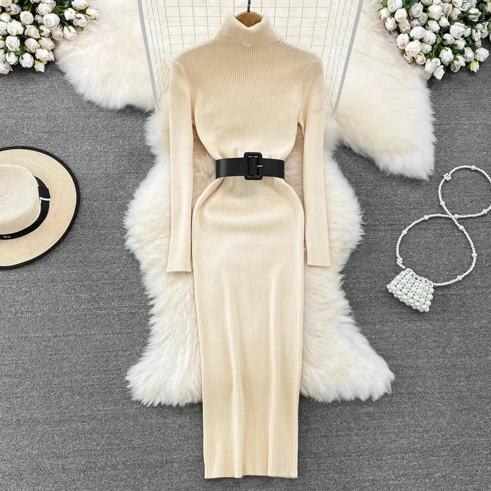 Knitted Turtleneck Sweater Bodycon Dress with Belt