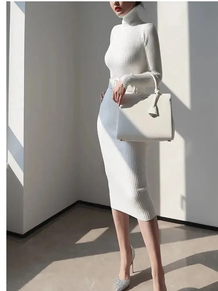 Knitted Turtleneck Sweater Bodycon Dress with Belt