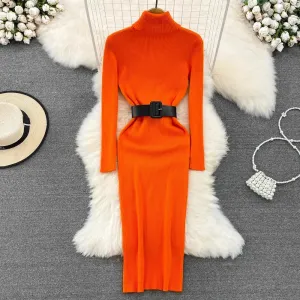 Knitted Turtleneck Sweater Bodycon Dress with Belt