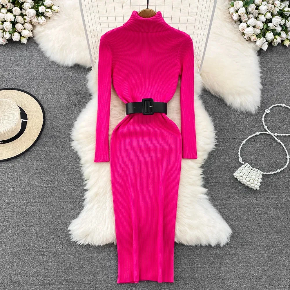 Knitted Turtleneck Sweater Bodycon Dress with Belt