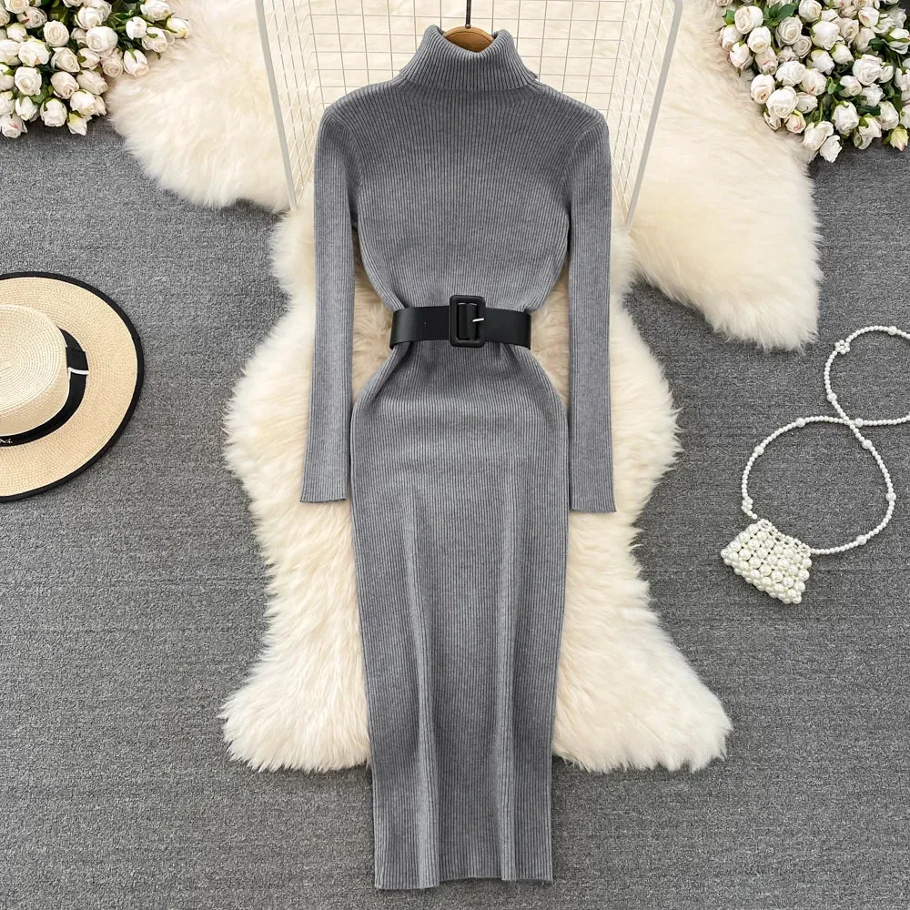Knitted Turtleneck Sweater Bodycon Dress with Belt