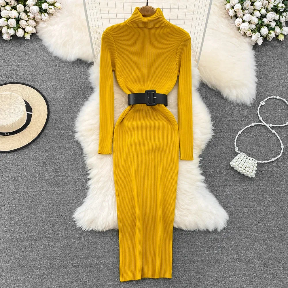 Knitted Turtleneck Sweater Bodycon Dress with Belt