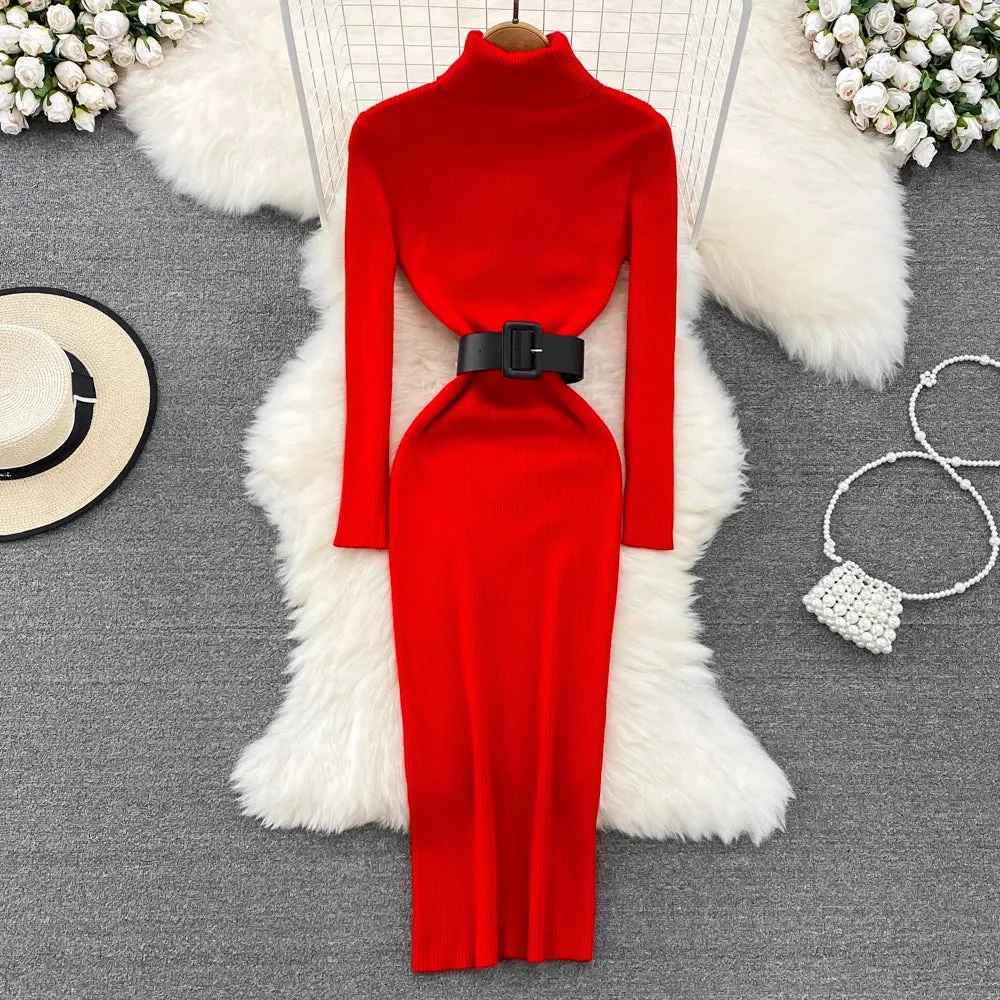Knitted Turtleneck Sweater Bodycon Dress with Belt