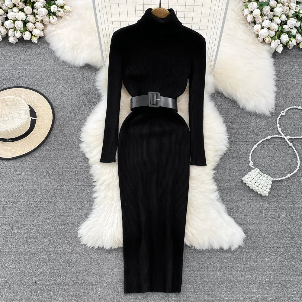 Knitted Turtleneck Sweater Bodycon Dress with Belt