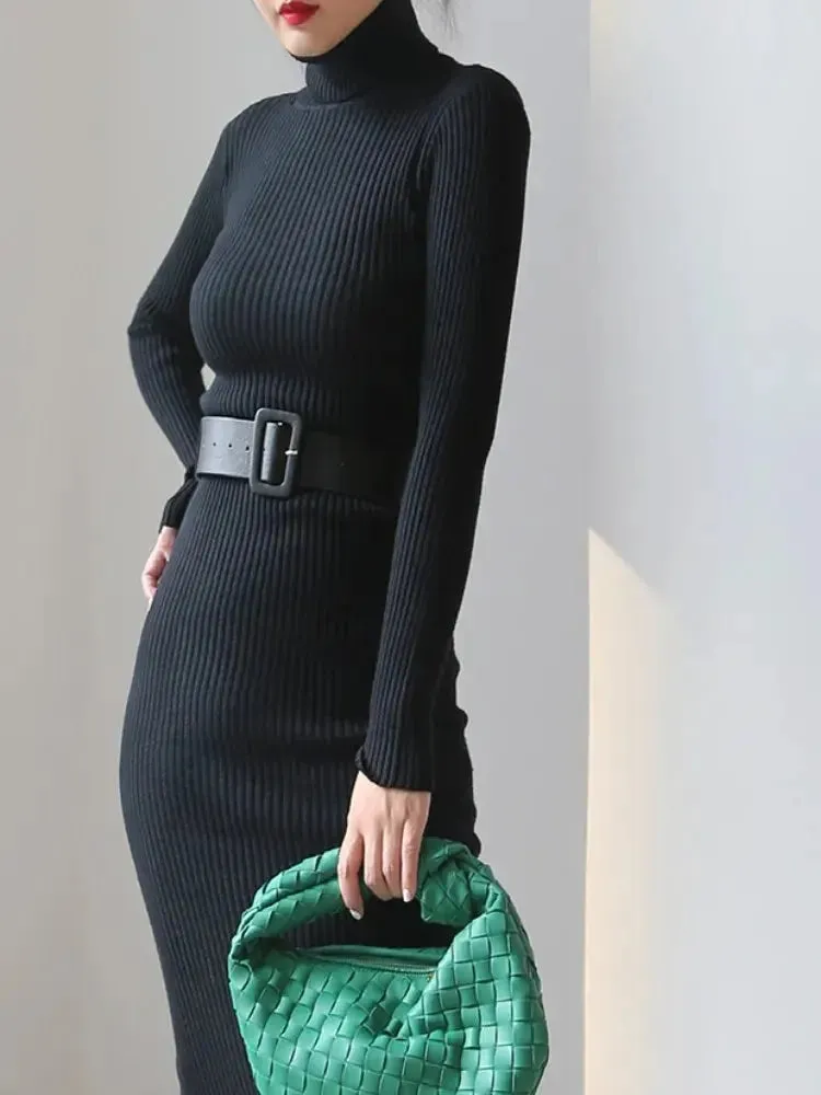 Knitted Turtleneck Sweater Bodycon Dress with Belt