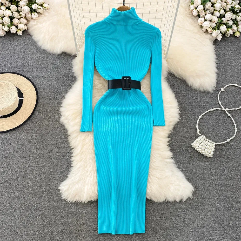 Knitted Turtleneck Sweater Bodycon Dress with Belt