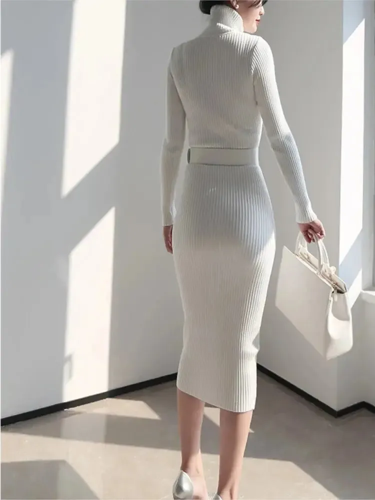 Knitted Turtleneck Sweater Bodycon Dress with Belt