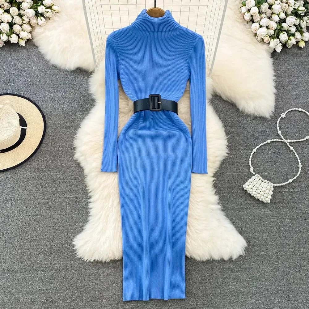 Knitted Turtleneck Sweater Bodycon Dress with Belt