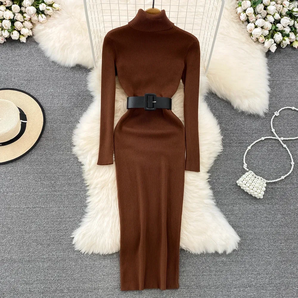 Knitted Turtleneck Sweater Bodycon Dress with Belt
