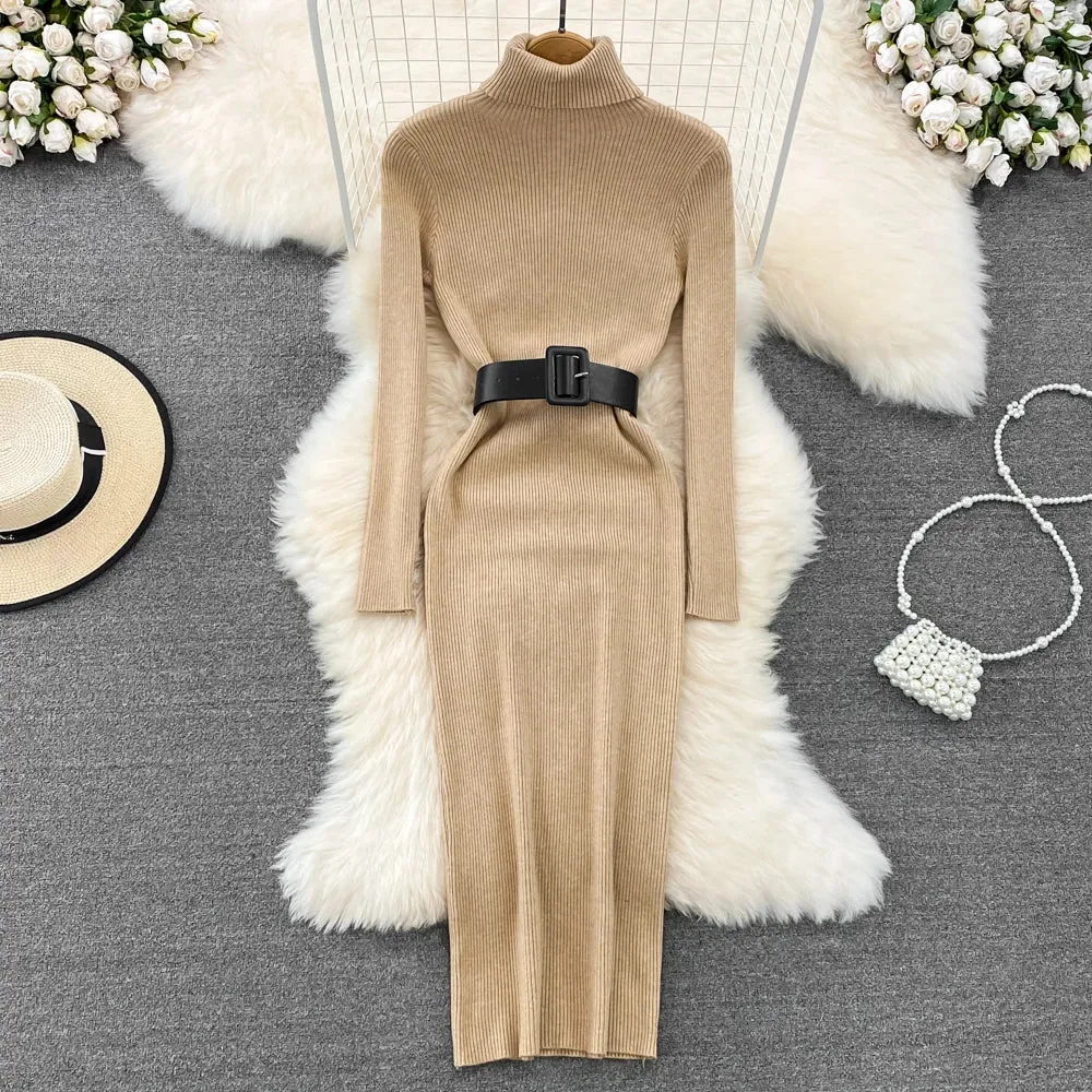 Knitted Turtleneck Sweater Bodycon Dress with Belt