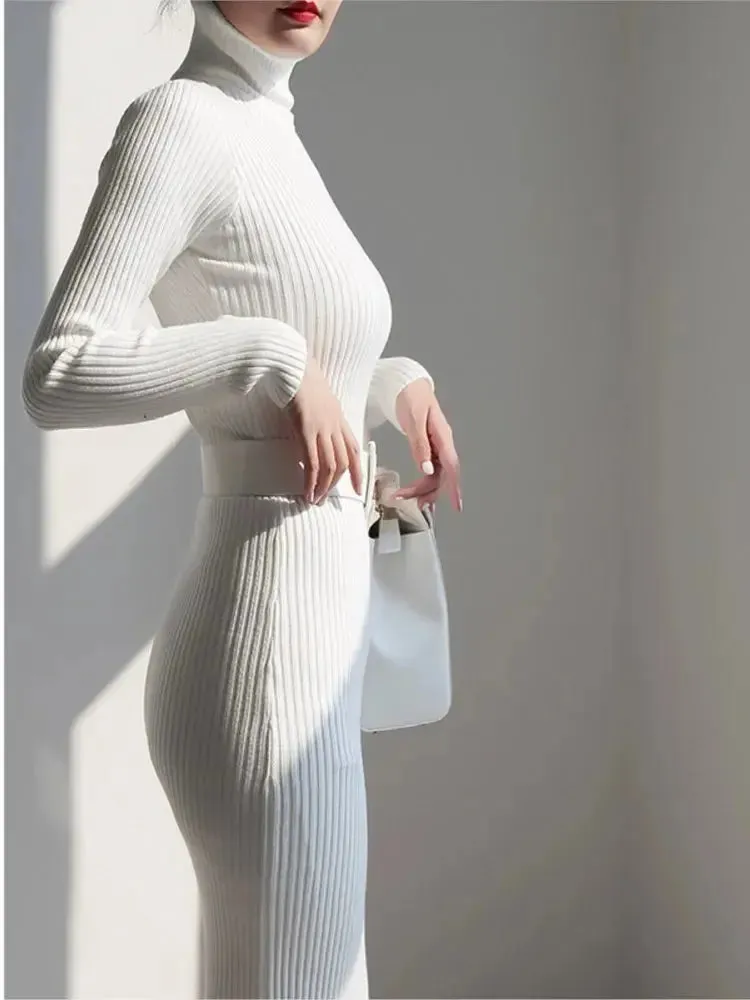Knitted Turtleneck Sweater Bodycon Dress with Belt