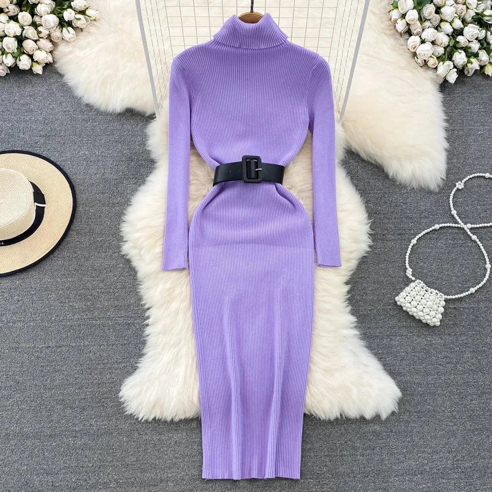 Knitted Turtleneck Sweater Bodycon Dress with Belt