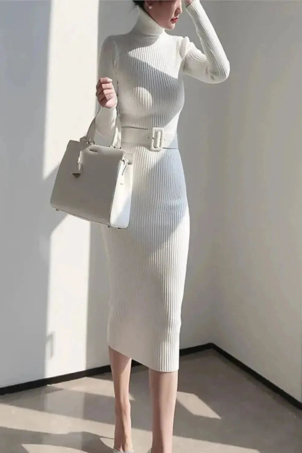 Knitted Turtleneck Sweater Bodycon Dress with Belt
