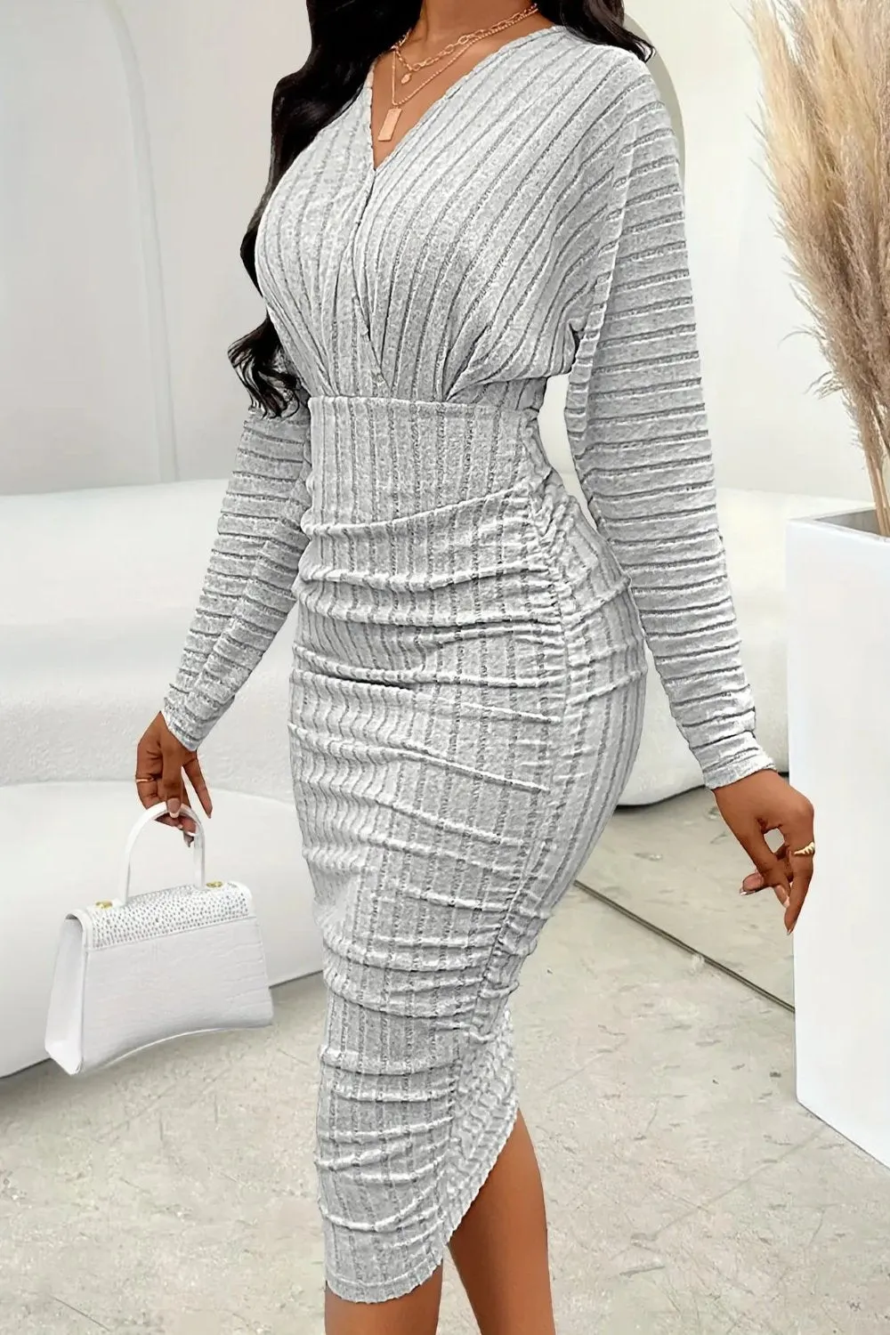 Knitted V-Neck Ruched Striped Midi Dress