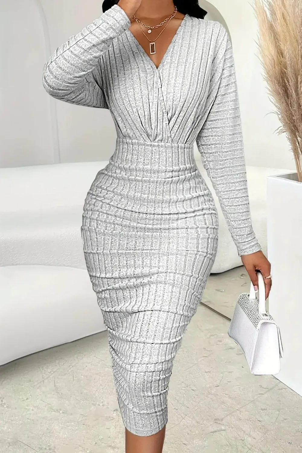 Knitted V-Neck Ruched Striped Midi Dress