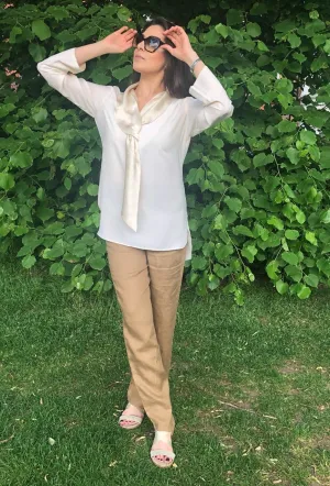 Knotted Silk Scarf Blouse (IVORY)